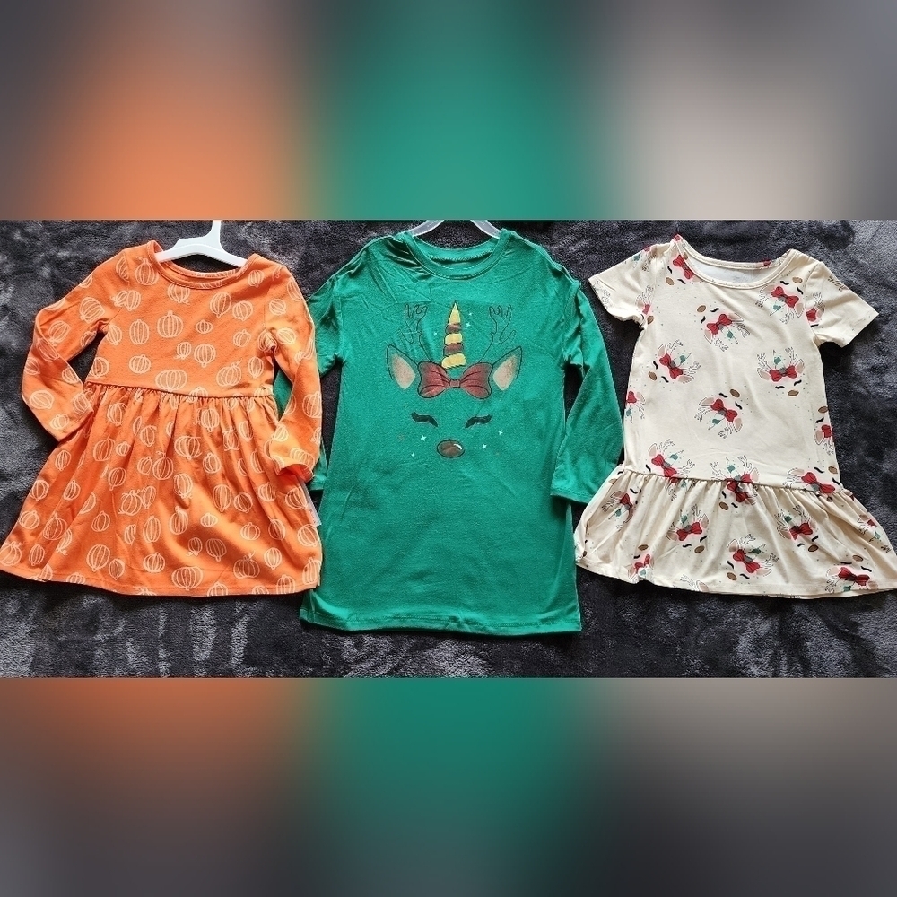 NWT toddler girl fall Thanksgiving PUMPKIN & Christmas UNICORN dress bundle, XS